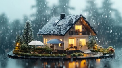 Fototapeta premium A model home with an umbrella over it, symbolizing home insurance, concept of Protection, created with Generative AI technology