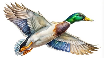 Obraz premium Elegant watercolor mallard flying overhead with clever composition