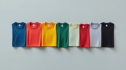 A variety of colored T-shirts arranged in a row on a light gray background, high-resolution photography, stock photo, professional color grading, soft shadows, low contrast, clean, sharp focus.