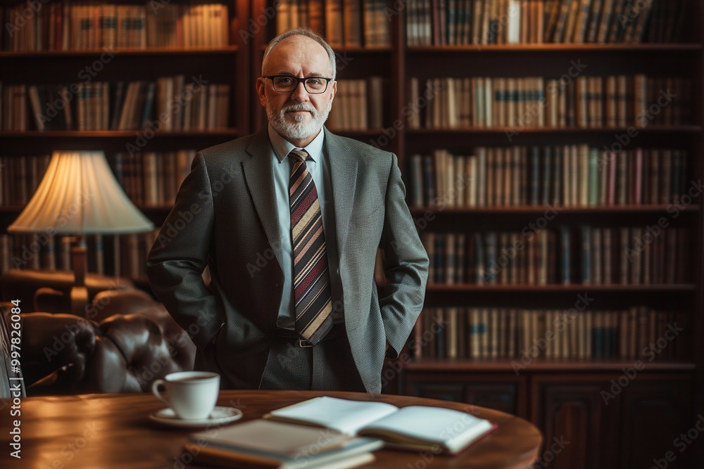 Aufkleber the distinguished professor stands confidently in a suit, surrounded by shelves brimming with books,
