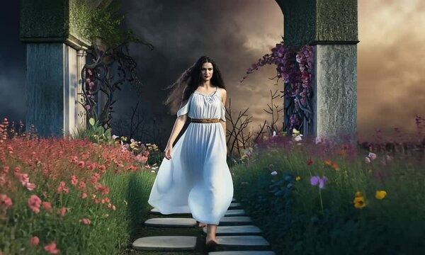 Eurydice, a nymph from Greek mythology, is shown in a peaceful setting wearing a flowing dress. She stands near tall grass and trees, looking graceful yet melancholic.