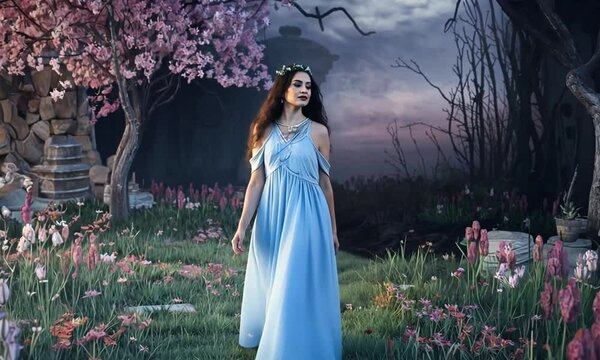 Eurydice, a nymph from Greek mythology, is shown in a peaceful setting wearing a flowing dress. She stands near tall grass and trees, looking graceful yet melancholic.