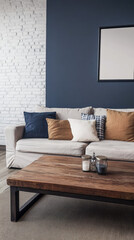 Cozy living room with a neutral sofa and wooden coffee table in a stylish, modern interior design setting