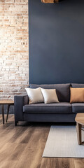 Modern living room interior with a stylish sofa, wooden tables, and exposed brick wall in a cozy, well-lit space
