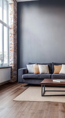 Cozy living room with a modern gray sofa and rustic wooden accents in a sunlit urban space