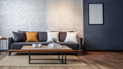 Modern living room setup with a gray sofa, decorative pillows, and wooden coffee table against white brick wall