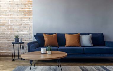 A modern living room featuring a blue sofa with cushions next to a round wooden coffee table and a vibrant rug on a wooden floor