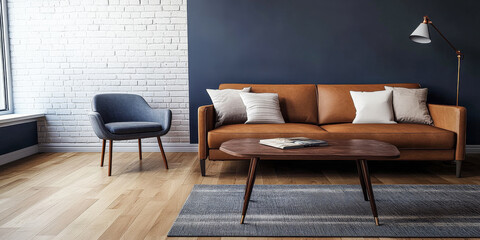 Modern living room interior with brown leather sofa, blue accent chair, and minimalist decor featuring natural light