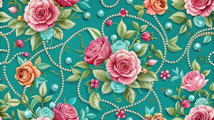 Embroidered flowers and roses with beads on turquoise background