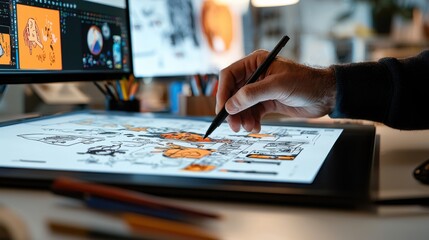 Digital Artist Creating Diverse Characters with AI on Drawing Tablet in Animation Studio Setting