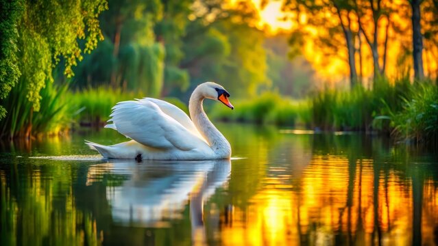 A radiant anade glides effortlessly on a tranquil lake, embraced by verdant foliage and the serene beauty of