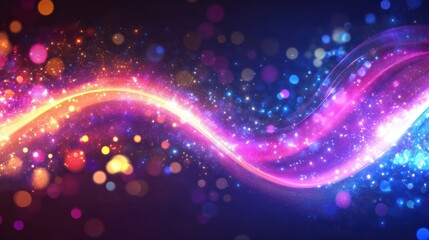 Obraz premium Abstract colorful light waves with bokeh particles. Multicolored energy flow and sparkle background. Dynamic wave pattern of lights and particles in motion.
