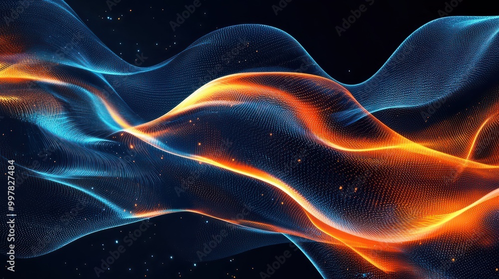 Poster abstract dark background with orange and blue waves of digital data flowing in the style of light bl