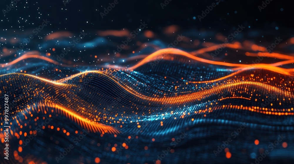 Poster abstract dark background with orange and blue waves of digital data flowing in the style of light bl
