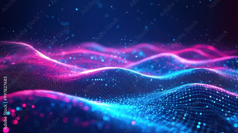 Poster abstract digital technology waves background with neon lines, futuristic cyber virtual landscape con