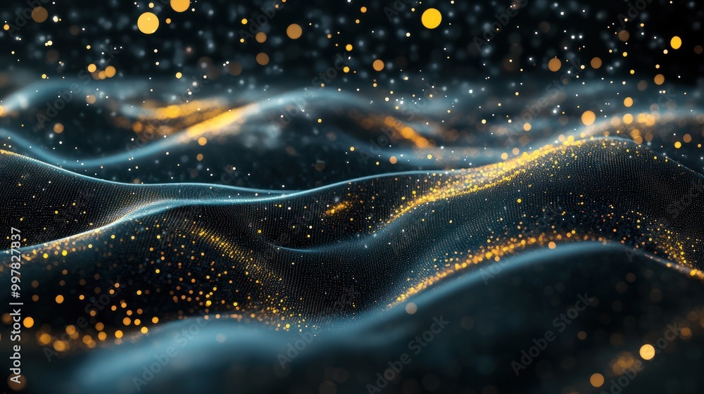 Poster abstract digital wave pattern with glowing particles on a dark background.
