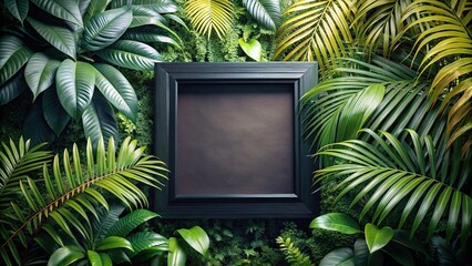 Empty black picture frame next to tropical plants