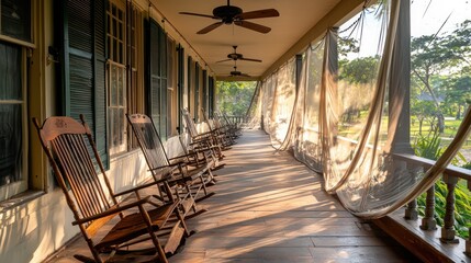 A colonial-style veranda with traditional wood rocking chairs, ceiling fans, and a long, draped mosquito netting around the perimeter