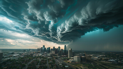 Dramatic storm clouds loom over city skyline, creating an intense atmosphere. swirling formations suggest an impending storm, evoking sense of awe and anticipation.