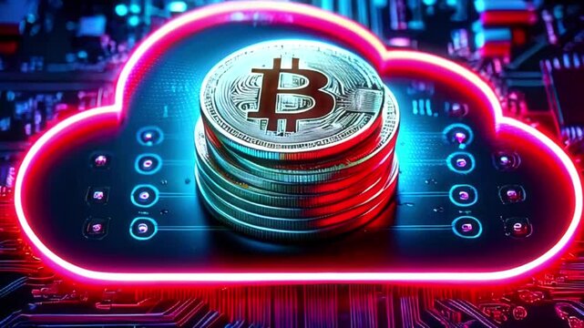 A stack of bitcoins sits inside a glowing neon cloud symbol on a circuit board.