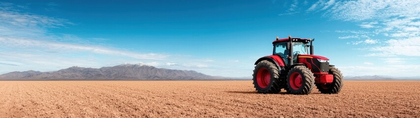 Red tractor in desert landscape