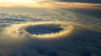 A stunning fallstreak hole appears in clouds, creating mesmerizing circular formation. ethereal beauty of this phenomenon captivates viewer.