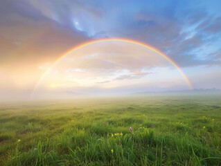 A stunning fog bow arches over misty field at dawn, creating serene and magical atmosphere.