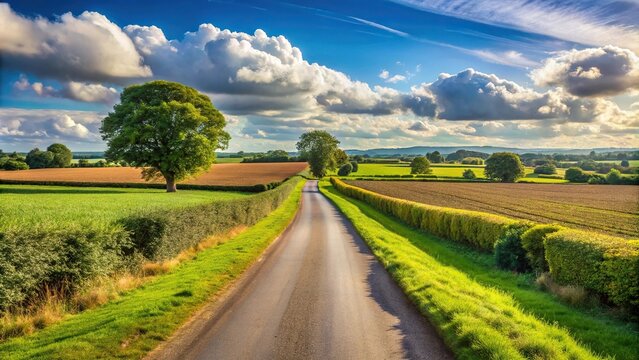 Empty countryside road passing through fields in Tarvin, Cheshire, England