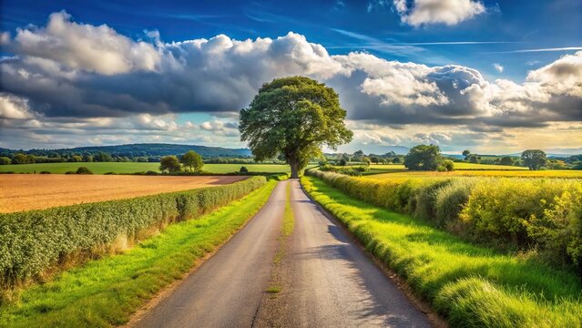 Empty countryside road through fields in Tarvin, Cheshire, England