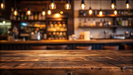 Empty dark wooden tabletop with blurry cafe background