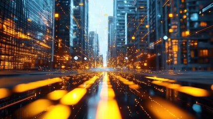 Futuristic Urban Landscape: Glowing Cityscape with Advanced Architecture and Dynamic Lighting at Night