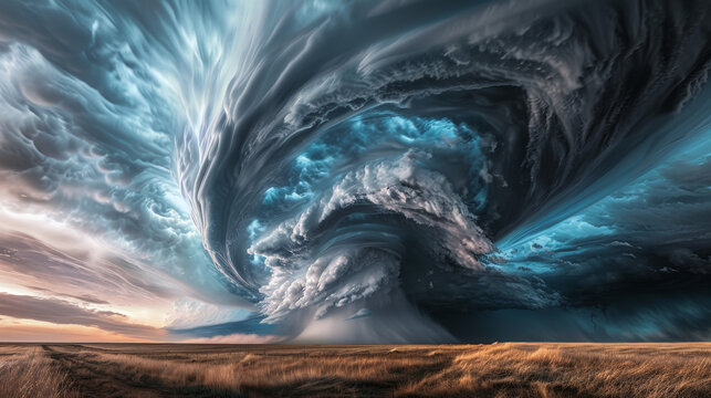 A dramatic mesocyclone rotates in supercell thunderstorm, showcasing swirling clouds and vibrant colors against vast landscape.