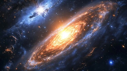 A spiral galaxy with a bright, fiery core and a nebula in the background.