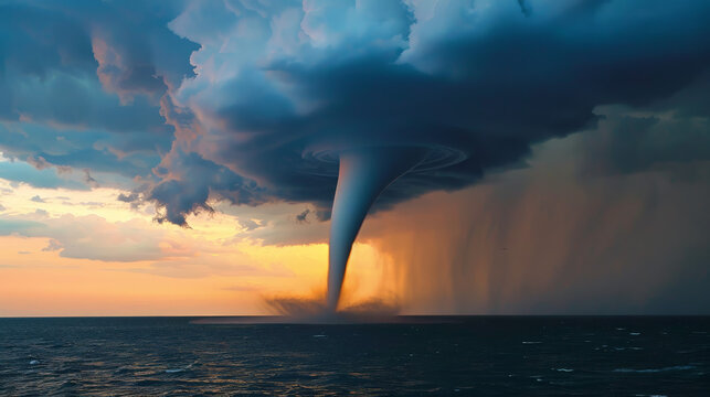 A stunning waterspout tornado connects clouds to sea, creating dramatic scene at sunset. swirling vortex showcases natures power and beauty.