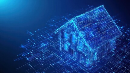 Banner Smart home technology, blue color. Digits building connected with domestic devices IOT. System intelligent control house. Generation AI