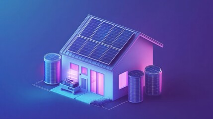 Battery packs infographic, smart home solar panels roof, clean energy storage system, sustainable backup power solutions
