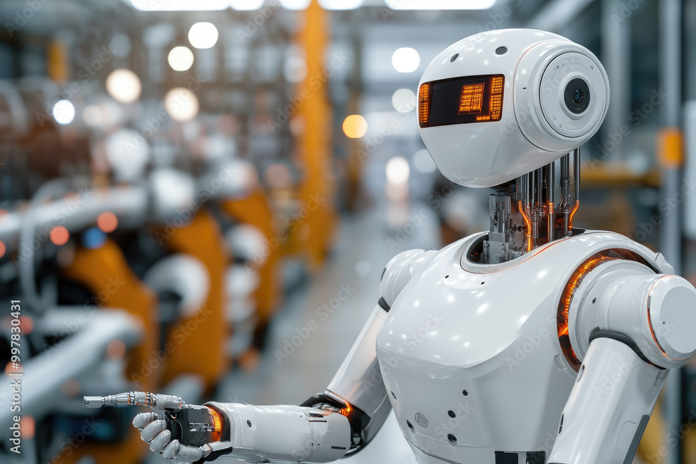 Poster futuristic factory assistant, a humanoid robot with intricate design and illuminated features, poise