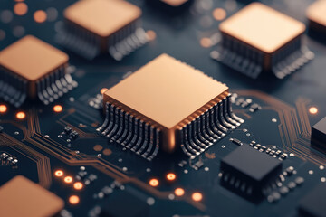 Intricate microchip circuit board, featuring gold-plated processors and detailed pathways, illuminating the complexity of modern electronics and technology integration.