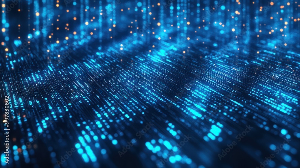 Poster blue digital binary data on computer screen background
