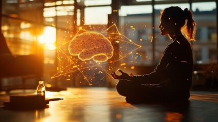 A person meditating in a sunlit room with a floating holographic brain visualizing energy flow and charging, while soothing colors and gentle light create an ambiance of tranquility and focus