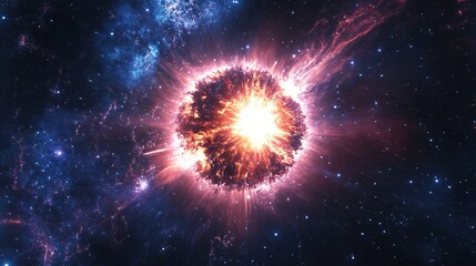 A powerful explosion in space with bright light and glowing particles against a dark starry background.