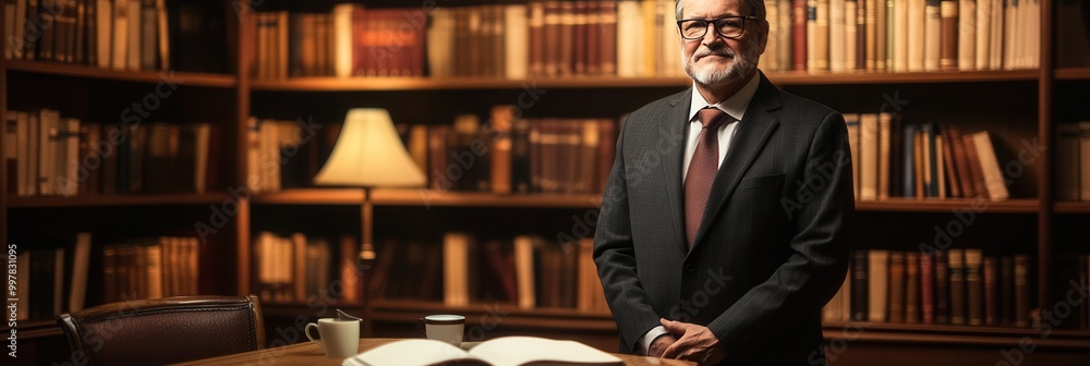 Aufkleber the professor, dressed in a suit, stands with confidence in an academic setting surrounded by rows o