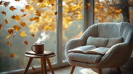A soft armchair next to a large window, with an open book and a steaming mug of hot chocolate on the side table, with golden autumn leaves falling from a tree outside.