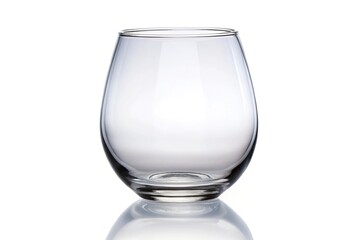 Empty stemless wine glass bowl and reflection isolated on white macro
