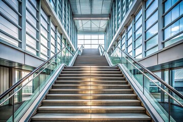 Fototapeta premium Empty staircase in elevated passage with large windows