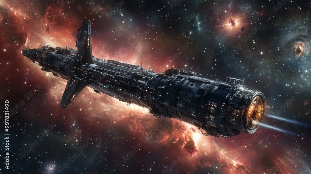 Poster the sleek spaceship glides through the expansive universe, surrounded by colorful nebulae and twinkl