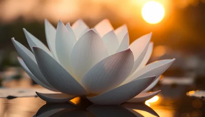 Tableau sur plexiglas Salle de bain White Lotus Illuminated by Golden Sunset Light Reflecting on Still Waters  © Mishkat Uddin Rahat