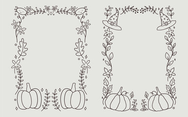 Hallowen frame, border, Background. cute illustration pumpkin, witch hat, flower lineart for coloring pages or invitation design