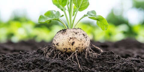a closeup of a potato plant being pulled from the soil roots and all organic farming harvest season rural agriculture with rich Belarusian earth clinging to it showing the process of harvesting