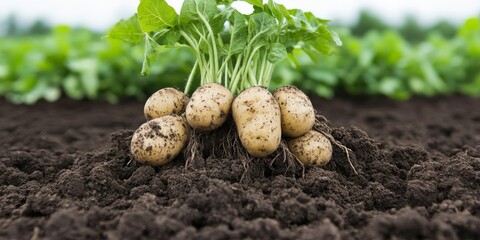 a closeup of a potato plant being pulled from the soil roots and all organic farming harvest season rural agriculture with rich Belarusian earth clinging to it showing the process of harvesting